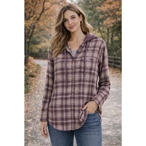 American Eagle Women's M Plaid Flannel Hoodie Button Up Shirt Western Cozy Boho